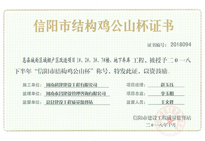 “息縣城南區(qū)域棚戶區(qū)改造項(xiàng)目1#、2#、3#、7#樓、地下車庫(kù)工程”被授予2018下半年“信陽(yáng)市結(jié)構(gòu)雞公山杯”稱號(hào)