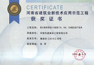 “恒大綠洲項目A10地塊17#、18#、19#樓及地下車庫工程”榮獲“河南省建筑業(yè)新技術(shù)應(yīng)用示范工程”金獎
