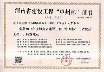 恒大綠洲項目A10地塊17#、18#、19#樓及地下車庫榮獲“2018年度河南省建設(shè)工程中州杯（省優(yōu)質(zhì)工程）”